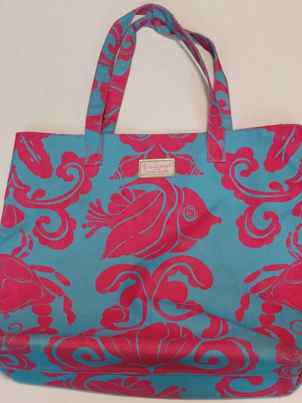 Lilly Pulitzer for Estee Lauder Tote Bag Blue Pink Crab Fish Shell Beach Bag